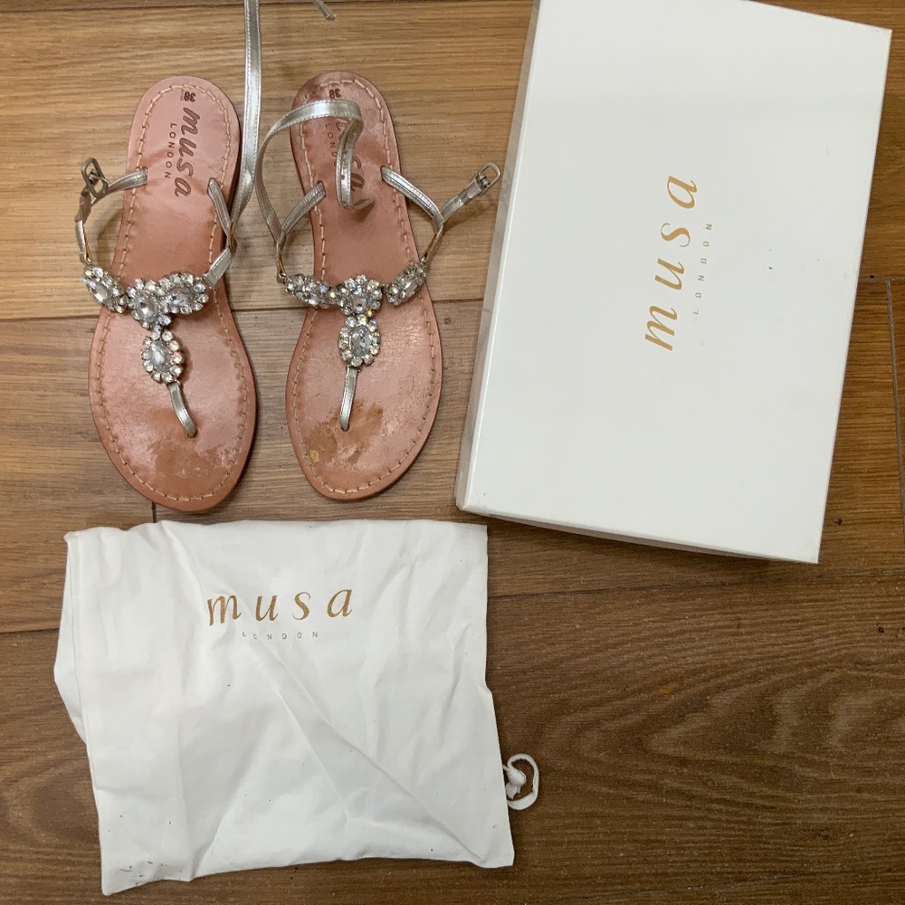 Musa London Four Flower Jewel and Crystal T Bar Sandal.